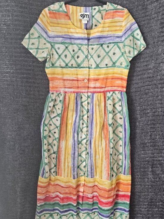 EJM Dresses & Skirts - Vintage 80's Abstract Midi EJM Dress Short Sleeve Button Front Size 10 Geometric